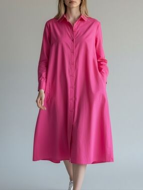 Exetera Hot Pink Oversized  Tiered Back Button Down Midi Shirt Dress  Size EU42